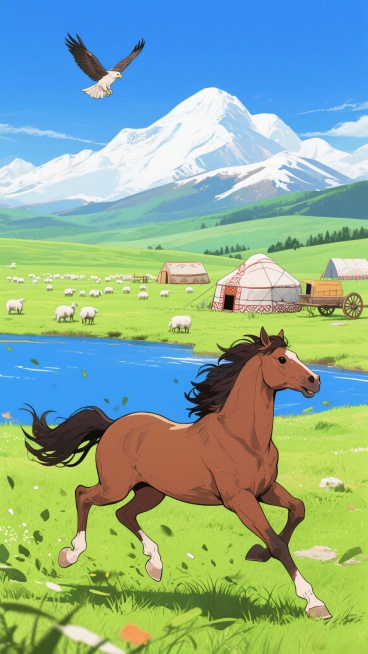 二次元，骏马奔跑，细节丰富，绿色和蓝色，民族风，生成2张，不要人，4k，9:16预览效果