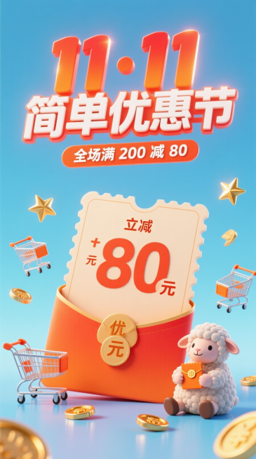 3D 立体主标题 “11・11 简单优惠节” 居画面上方，橙红渐变带光晕；副标 “全场满 200 减 80” 用白色小字缀标题下方。画面中心是巨型 3D 优惠券（印着“立减80元”字样，“元”为小字，预览效果