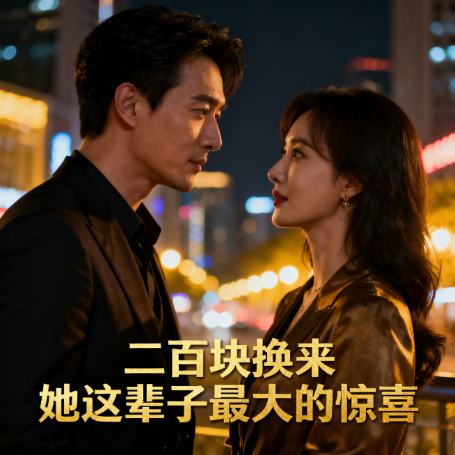 短剧广告近正方形小方图，真人摄影风格，超写实，电影质感，浪漫夜景下，亚洲总裁帅哥和亚洲美女深情对视，画面底部添加金色标题文字："二百块换来她这辈子最大的惊喜"预览效果