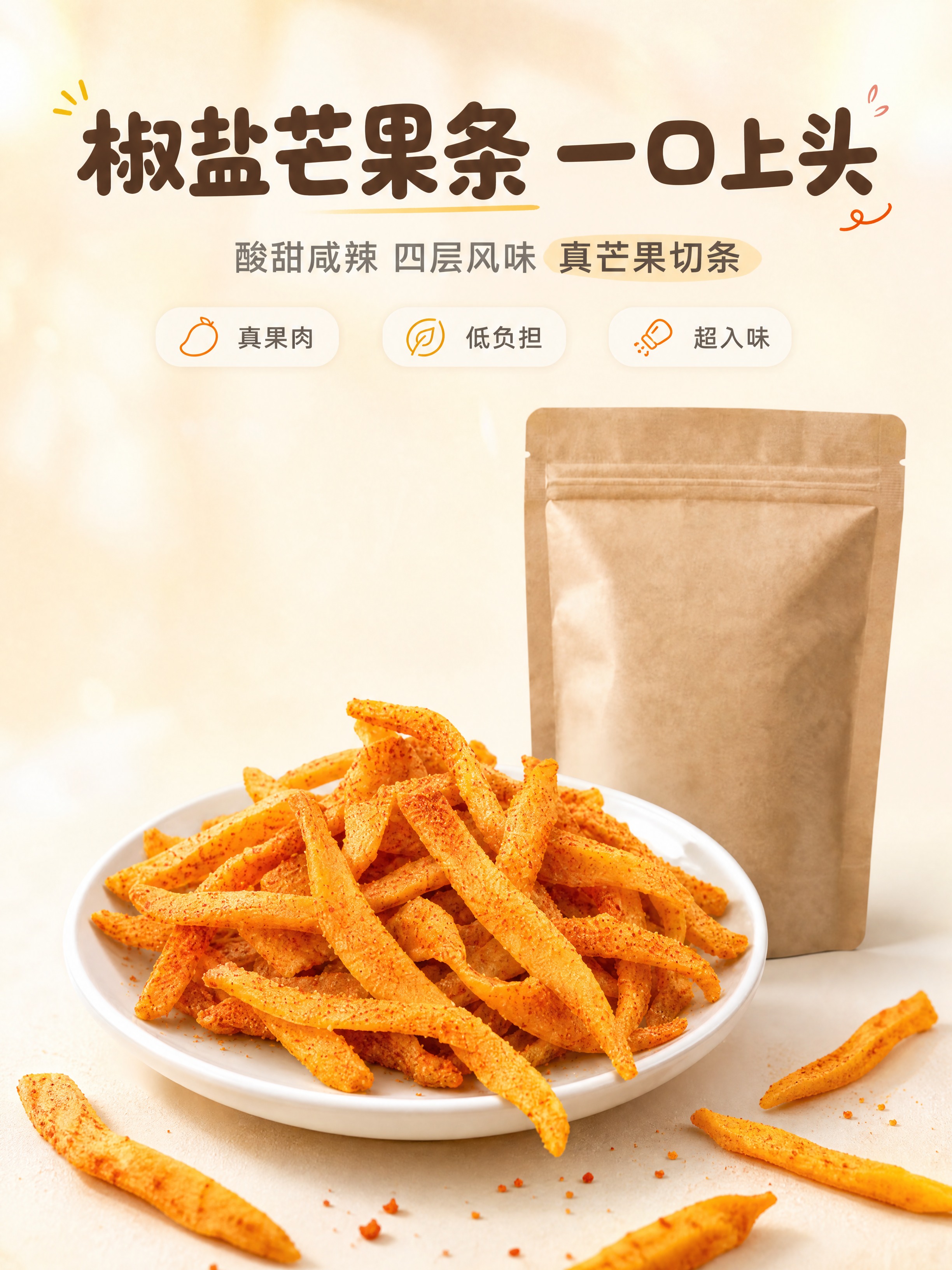 [商品] 使用【图9】椒盐芒果条产品图+牛皮纸自立袋包装，【图… - 图片创意预览