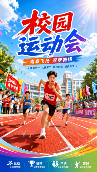 一张充满青春活力的校园运动会主题海报，画面中央有跑道，青年运动员正在奔跑，背景是蓝天白云和校园教学楼，整体色彩鲜艳明快，上方有醒目的主题文字“校园运动会”，设计风格动感积极预览效果