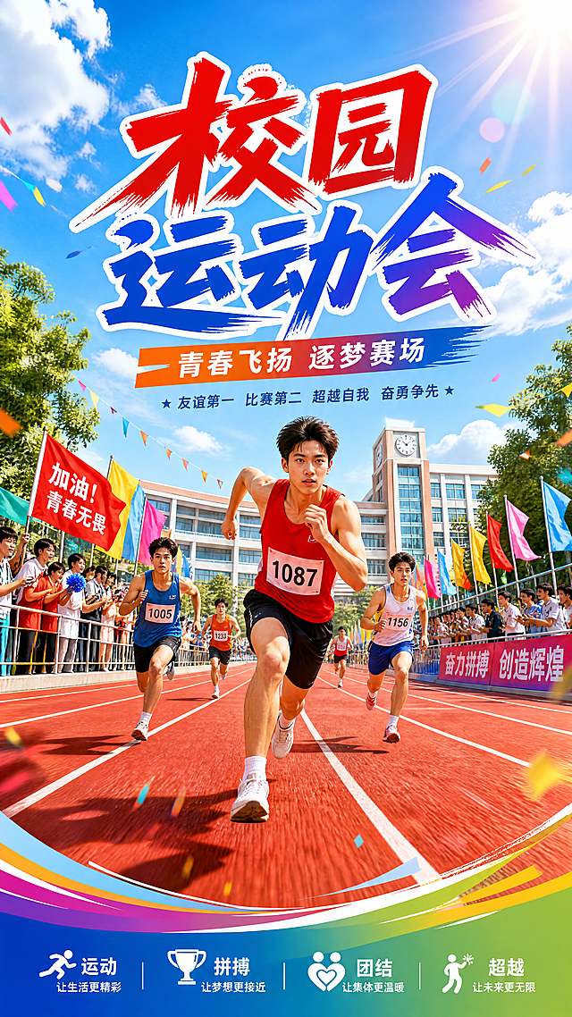 一张充满青春活力的校园运动会主题海报，画面中央有跑道，青年运动员正在奔跑，背景是蓝天白云和校园教学楼，整体色彩鲜艳明快，上方有醒目的主题文字“校园运动会”，设计风格动感积极