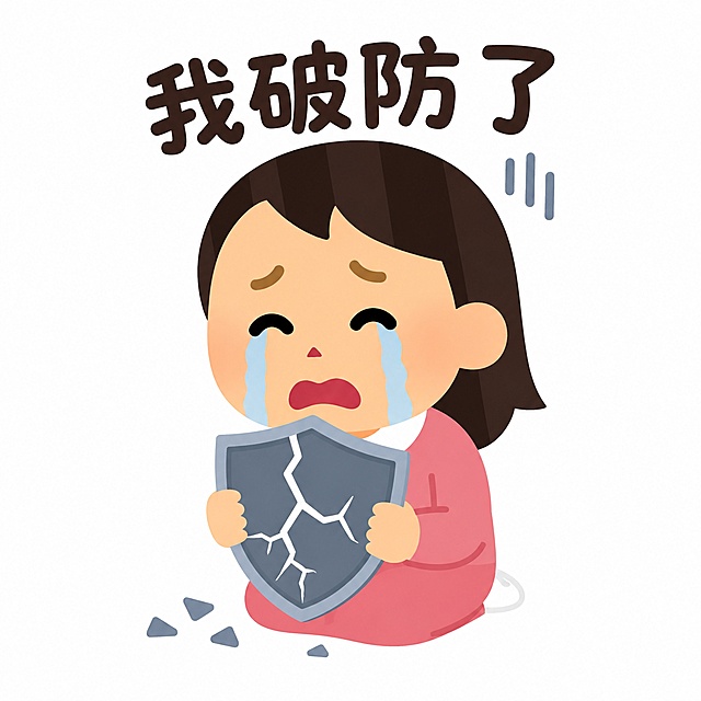 基于参考图中小人物形象，生成一张悲伤情绪的Q版表情包，对应网络热梗“我破防了”，保持简约扁平插画风格，白底背景