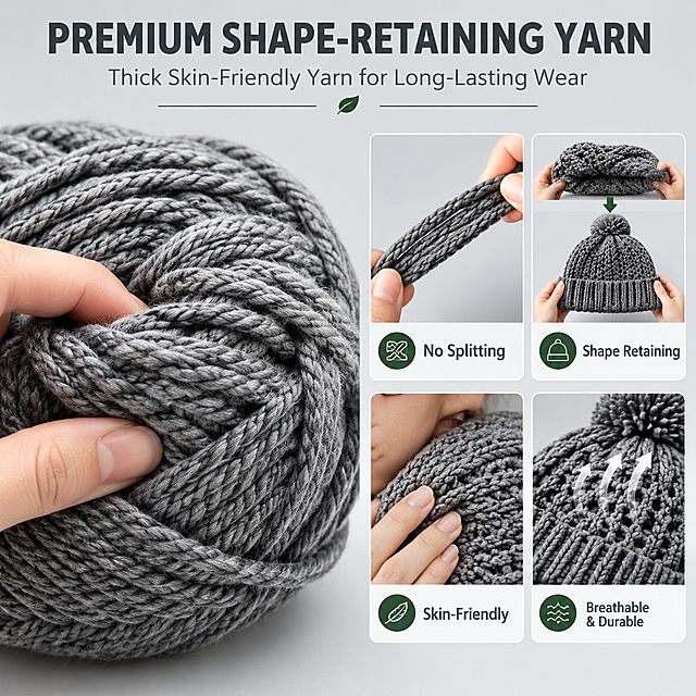 [主图-4] 主题：High-Quality Shape-Retaining Yarn Material 高品质保形纱线材质证明。唯一任务：证明纱线厚实、亲肤、防劈叉、不变形、保形性好，成品透气柔韧耐用。
[统一基调] 跨境亚马逊风格，干净克制的产品摄影，浅灰色渐变背景，英文无衬线粗体标题字色为深炭灰，辅助说明字色为中灰色，强调色用深森林绿点缀图标和分隔线，卡片用极细浅灰描边。
[画面] 画面左侧为一大团灰色毛线的微距特写，展示纱线的纤维纹理和粗细均匀度，毛线团旁边有一只手轻轻捏压线团后松开，展示回弹保形效果。右侧排列4个方形证据小格：第1格展示纱线被拉扯但不劈叉的特写，标注"No Splitting"；第2格展示折叠后的帽子迅速恢复原状，标注"Shape Retaining"；第3格展示皮肤接触纱线的柔和画面，标注"Skin-Friendly"；第4格展示成品帽子的透气网眼结构特写，标注"Breathable & Durable"。产品主体占画面约60%。
[光影质感] 柔和侧逆光突出毛线纤维的蓬松感和绒面光泽，微距细节清晰锐利，手部动作自然真实。
[配色] 背景浅灰渐变，纱线保持原图真实颜色，文字深灰+中灰，强调色深森林绿。
[文字版式] 顶部大标题："PREMIUM SHAPE-RETAINING YARN"；副标题："Thick Skin-Friendly Yarn for Long-Lasting Wear"；每个证据小格下方配对应英文标签。
[输出要求] 1:1正方形，2048x2048，2K分辨率，文字清晰，材质细节清楚。负向：变形、错字、模糊、杂乱、水印、平台Logo、中文、悬浮、穿模。