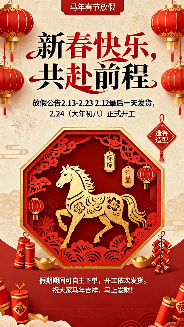 剪纸风与鎏金浮雕结合，中式国潮设计，红金配色尽显喜庆，马年春节主题突出，传统元素与现代创意交融。