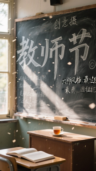 黑板上写满了漂亮的粉笔字板书，加粗写“教师节”，讲台上放着半杯茶和一本翻开的教案，一束阳光透过窗户照在黑板上，粉笔灰在光束中飞舞。宁静，怀旧，胶片质感，细节丰富。大师级作品，最佳质量，高清细节预览效果