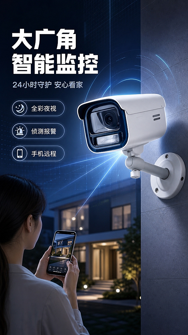[商品] 使用【图1】白色枪式监控摄像头；保留白色机身、深蓝色镜头边框、圆柱形支架、圆形底座、镜头与补光灯结构、整体比例和材质；清晰化产品外观，去除原图上的所有文字标签。
[画面] 目标：硬核头图，突出大广角智能看家与安防科技感。构图：左文右图，产品位于画面右侧中景，占画面约55%，呈45度侧仰视安装在墙面；左侧为文案区；前景有科技感光线扫描效果，中景为产品与墙面，远景为虚化的现代住宅夜景轮廓，营造家庭守护氛围。加入人物元素：画面左下角有一位亚洲女性背影，正用手机查看监控画面，体现远程看家场景。
[视觉] 套系策略：风格=国内电商科技安防风，深色科技性能型；标题字=粗黑无衬线科技字体；正文字=简洁无衬线体；主色=深蓝灰；背景延展=基于深蓝灰做渐变层级、科技网格纹理和冷蓝光晕；强调色=冰蓝色，仅用于小面积图标、引线、光效和标签；标题色=纯白；正文色=浅灰蓝；组件=圆角半透明信息卡、细线引线、发光图标；光影=右前侧冷白主光+蓝色轮廓光，产品边缘有科技光效。
[文字] 左上主标题"大广角智能监控"，副标题"24小时守护 安心看家"，下方配3个卖点胶囊："全彩夜视"、"侦测报警"、"手机远程"；文字横向排版，不遮挡产品主体和镜头区域，手机端清晰可读。
[规格] 单屏比例9:16竖版，分辨率2K，负向提示：避免产品变形、颜色改变、缺件错件、文字竖排斜排、文字过小、极限词、白底孤立产品、人物面部模糊。