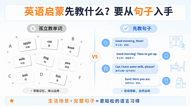 在原图基础上，顶部通栏大标题留白区域添加大标题"英语启蒙先教什么？要从句子入手"，底部副标题空间添加文字"生活场景+完整句子=更轻松的语言习得"，整体风格保持扁平风专业教育信息图表，无卡通人物、无真人形象，简约干净，主配色为白色 + 浅天蓝色，暖橙色点缀重点，保持原有排版和所有现有内容不变。