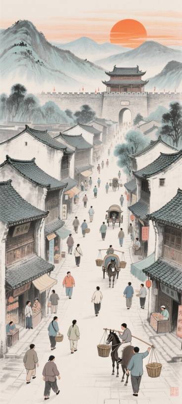 画面展现了古代城镇的繁华街道，两侧是青瓦灰墙的商铺，街上行人往来、车马穿梭，还有挑担的商贩；背景是层叠的山峦与悬于天际的橙红落日，远处可见城楼建筑，水墨风格预览效果