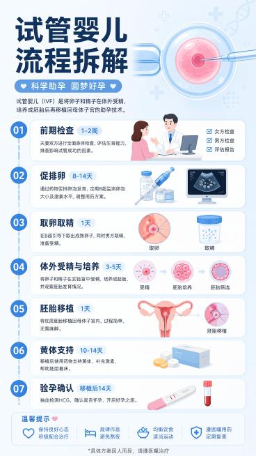 风格：扁平医疗科普插画，干净清爽，专业可信，浅蓝色清新基调
海报主题：试管婴儿全流程科普，核心目标是信息传达
"主标题：试管婴儿流程拆解"
"副标题：科学助孕 圆梦好孕"
参考原图结构，将试管婴儿全流预览效果