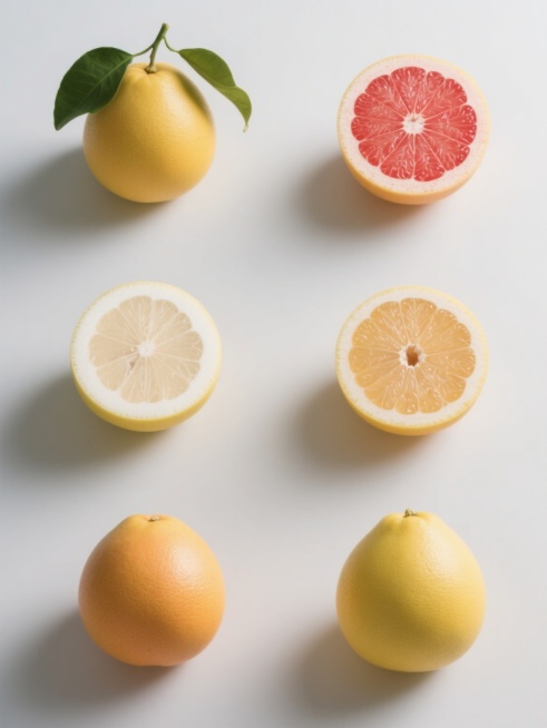六个规整排布的柚子素材，保持高写实摄影风格，每个素材展示不同品种的柚子（如红心柚、白心柚、黄心柚等），部分完整呈现带绿叶的柚子果实，部分展示切开的剖面以露出内部果肉纹理，整体造型简约现代，纯色背景，无任何文字、logo和水印，光线明亮柔和，突出柚子的自然色泽与细腻质感，色彩饱满真实，构图对称平衡，细节清晰，具有强烈的视觉冲击力和真实感。预览效果