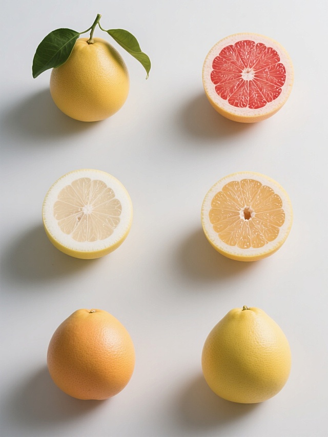 六个规整排布的柚子素材，保持高写实摄影风格，每个素材展示不同品种的柚子（如红心柚、白心柚、黄心柚等），部分完整呈现带绿叶的柚子果实，部分展示切开的剖面以露出内部果肉纹理，整体造型简约现代，纯色背景，无任何文字、logo和水印，光线明亮柔和，突出柚子的自然色泽与细腻质感，色彩饱满真实，构图对称平衡，细节清晰，具有强烈的视觉冲击力和真实感。