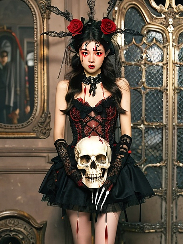 哥特风少女手持骷髅，红黑刺绣礼服搭配蕾丝手套，油画质感背景暗藏神秘与惊悚，复古镜面映照诡异氛围。