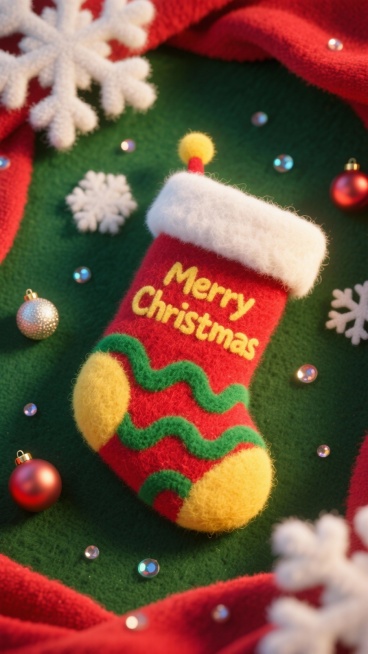 特写的精致圣诞袜（红+黄+袜身绿色波纹+“Merry Christmas”+顶部白色绒边）。周围环绕雪花装饰、装饰球、亮片。深绿色背景，边缘以红色布料环绕。俯视角构图。预览效果