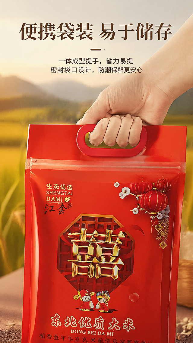 [第7屏] 包装细节展示-江套东北吉林大米袋装包装细节。本屏使用【图1】作为商品主体，保持包装一致。写实细节风，特写展示红色提手和密封袋口，一只手正在提拿包装，突出便携易提设计。标题「便携袋装 易于储存」，文字清晰不遮挡主体。9:16竖版，4K分辨率，文字清晰可辨。负向提示词：包装变形，提手结构错误，文字错乱