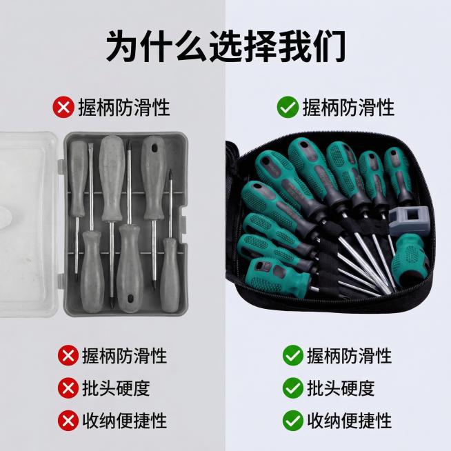 [主图 6] 竞品对比展示
[氛围风格] 直观对比，突出优势
[画面元素] 商业摄影质感、光线柔和通透、产品清晰真实、画面干净高级。画面左右分栏对比，左侧为普通螺丝刀套装，右侧为本款十件套螺丝刀套装，预览效果