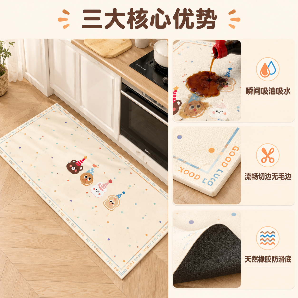 [主图-2] 卖点信息图，重点展示地垫吸油吸水的核心功能与材质… - 图片创意预览