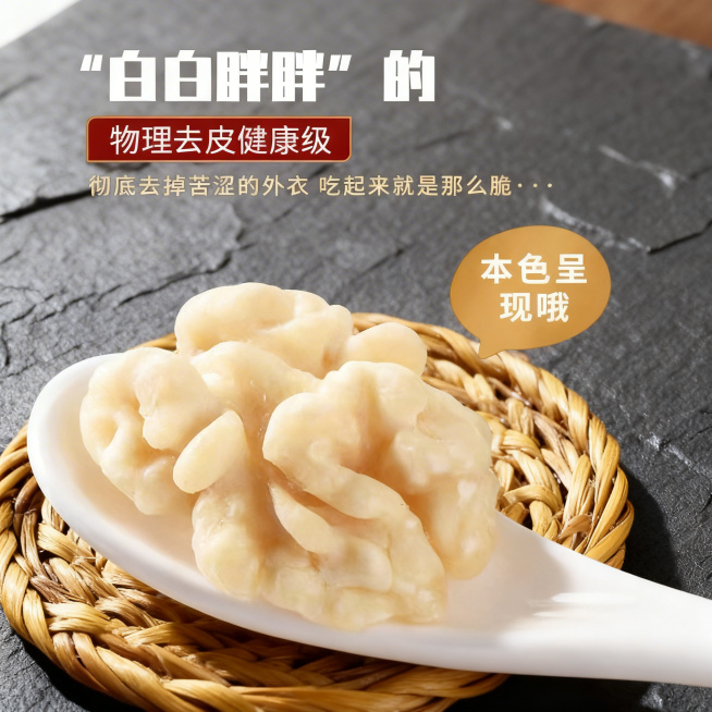 去皮核桃仁盛放在白色陶瓷勺上，勺子放在编织篮上，保持产品摆放结构和所有文字内容位置不变，替换原深绿色拼接背景为真实干净的深灰色青石板台面背景，整体柔和自然侧光，突出核桃仁白白胖胖新鲜质感，商业食品宣传预览效果