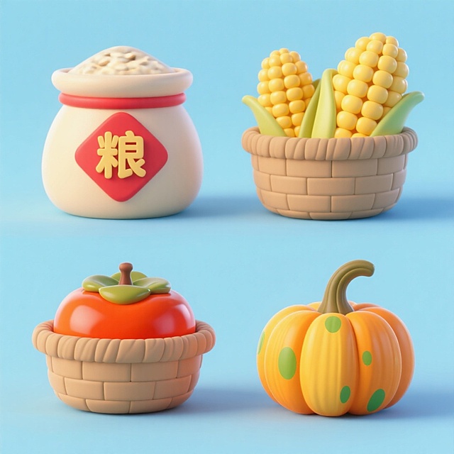 软3D粘土风，可爱卡通感十足，清新色系搭配体积感设计，呈现丰收主题的秋日节日氛围。