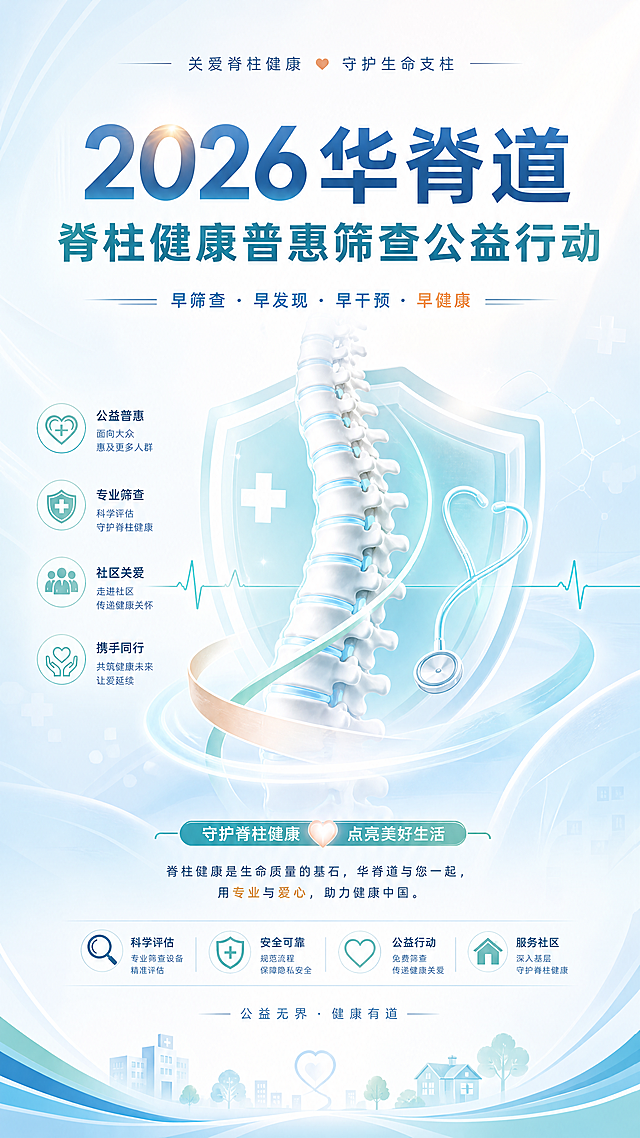 设计一张2026华脊道脊柱健康普惠筛查公益行动宣传海报，不要有人物，整体风格温暖专业，突出公益主题，包含主标题"2026华脊道脊柱健康普惠筛查公益行动"，搭配脊柱和医疗相关元素，色调清新干净