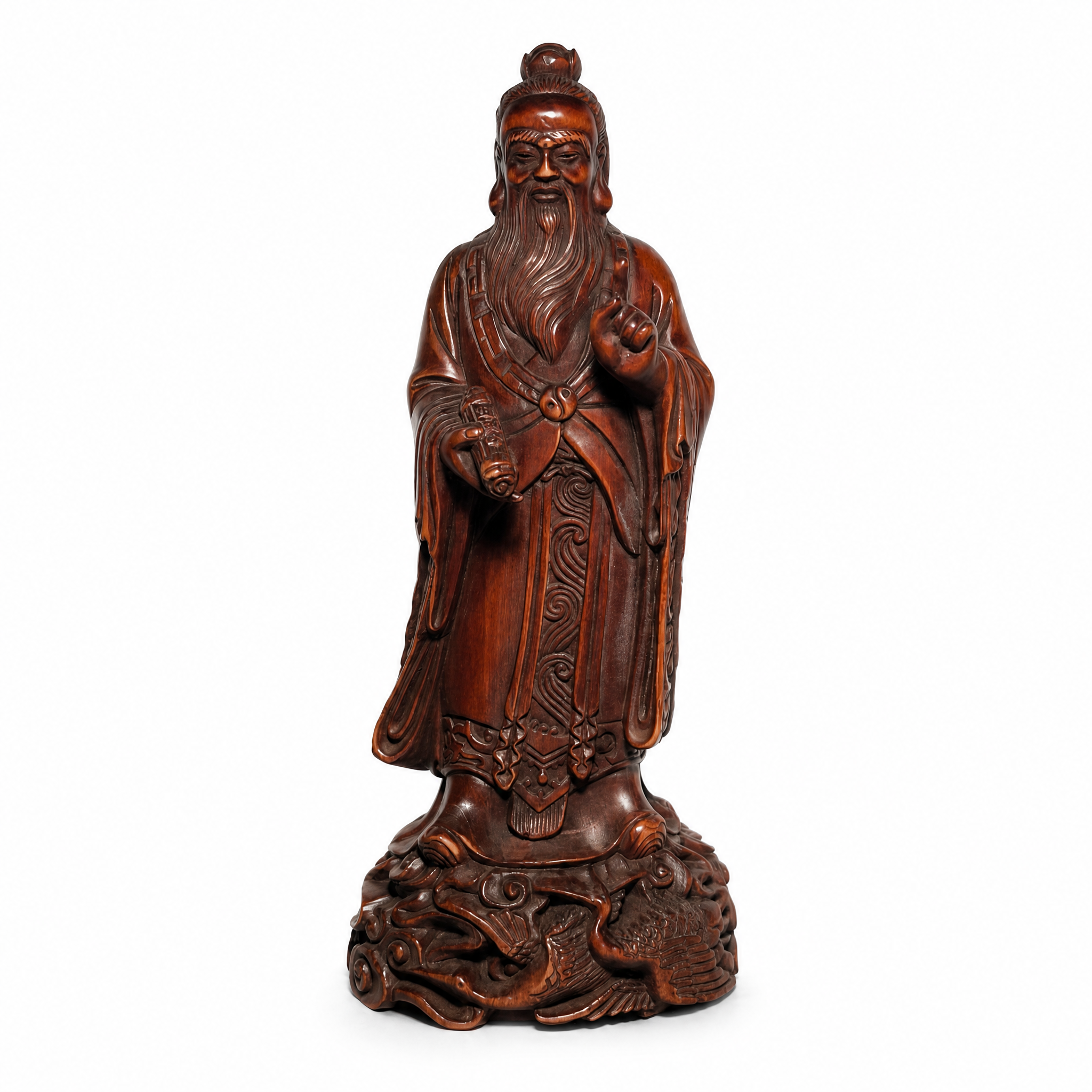 [白底图] 纯白底产品图：在纯白无缝背景上完整展示黄杨木雕圣贤… - 图片创意预览