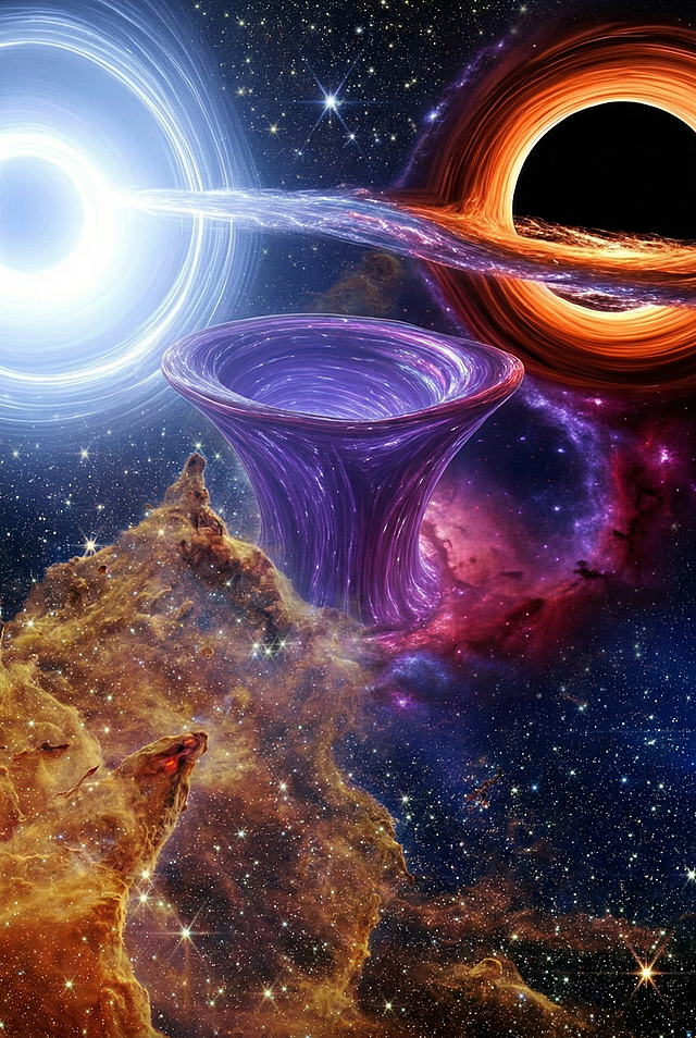 将创生之柱与带有吸积盘的黑洞、发光的白洞、紫色的虫洞融合在同一片星空场景中，展现宇宙天体组合的震撼美感
