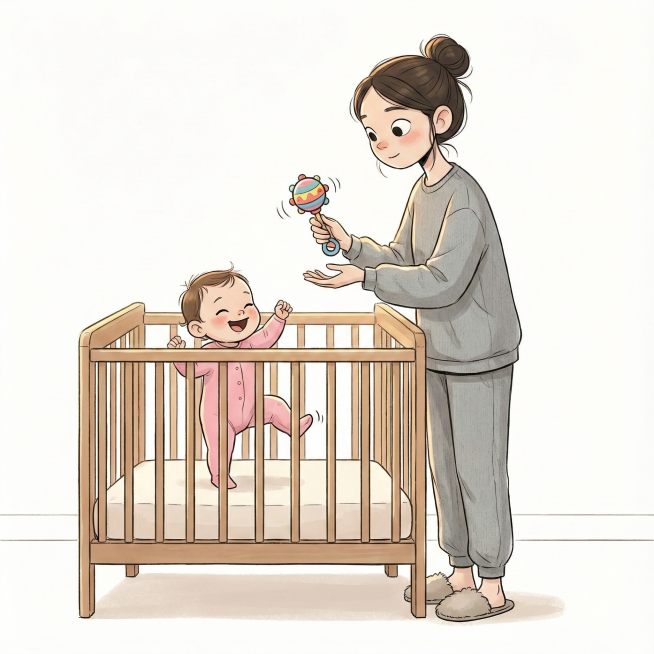 保持人物一致性，以及画风，画出这个人在婴儿床边打开摇铃，婴儿床里躺着一位女婴儿，正在开心的手舞足蹈预览效果