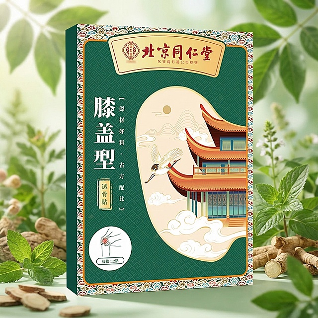 北京同仁堂膝盖型透骨贴产品包装盒放置在画面中心，生成一张电商sku预览图，整体是清新绿色天然草本元素虚化背景，养生健康主题，产品光线均匀清晰，电商主图风格，800x800像素