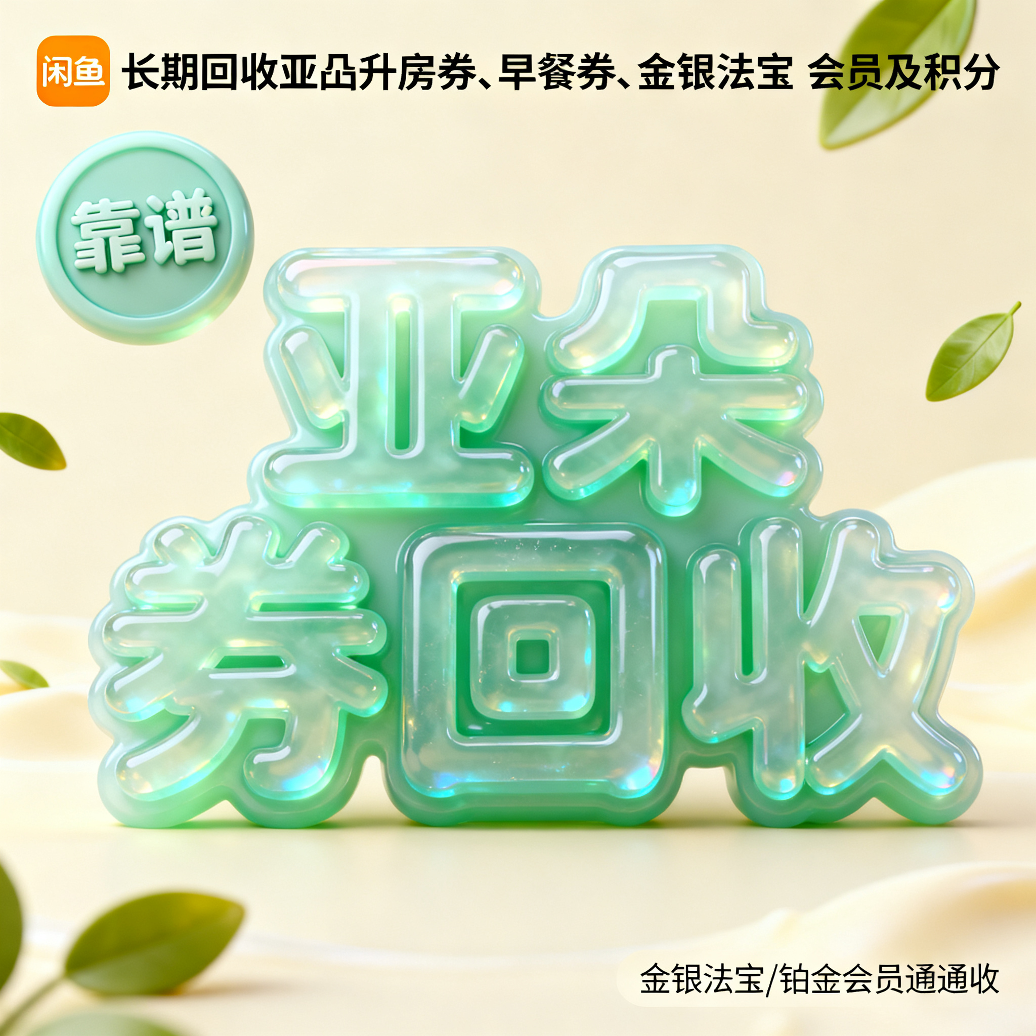 软3D风格，闲鱼大字封面，主题为长期回收亚朵升房券早餐券金银法… - 图片创意预览