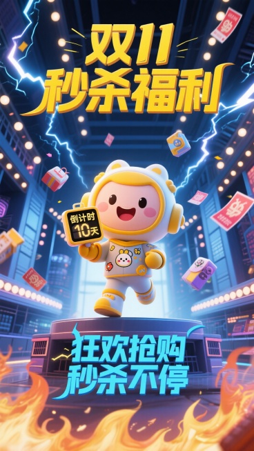 主标题"双11秒杀福利"，副标题"狂欢抢购 秒杀不停"，字体带有闪电效果。卡通小人拿着倒计时显示屏，显示屏文案“倒计时10天”，从空中落下的商品和优惠券带着光效。背景是充满闪电和火焰的购物平台预览效果