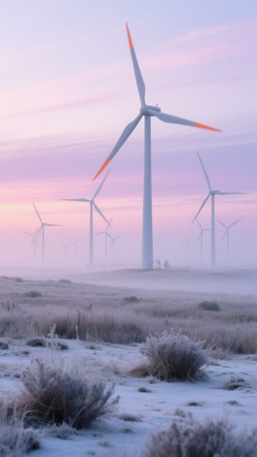 清晨薄雾笼罩的草原上，多台白色风力发电机（叶片带橙色尖端）矗立，巨大叶片在晨光中缓缓转动，远处天际线泛起粉紫色朝霞，近处地面覆盖一层薄薄白霜，几丛耐寒野草点缀其间，整体呈现超写实摄影风格，光线柔和带有晨雾的朦胧感，色彩以冷色调为主，突出风力发电元素在清晨草原环境中的宁静与科技感。预览效果