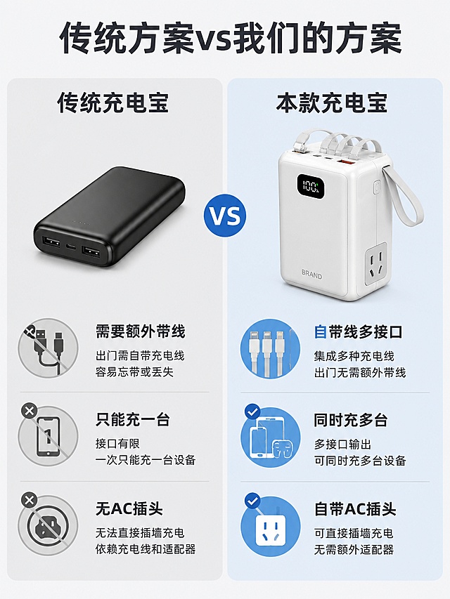 [第6屏] 方案对比页，对比传统充电宝和本款多接口充电宝差异。
[氛围/风格] 清晰分栏对比，理性客观，简约排版
[元素布局] 左右等分双栏，左栏「传统充电宝」，右栏「本款充电宝」，每栏配产品示意图和优缺点对比列表；左栏标注需要额外带线、只能充一台、无AC插头，右栏标注自带线多接口、同时充多台、自带AC插头
[光影质感] 均匀布光，双栏分区清晰，分隔线明显，文字清晰
[配色色系] 全局底色 #F0F4F8，左栏浅灰底，右栏浅蓝底，深灰文字，对比清晰
[视角构图] 左右对比分栏，从上到下阅读，动线清晰
[文字版式] 顶部主标题「传统方案vs我们的方案」，每栏栏目标题加粗，对比点分点列出，文字大小适合手机端清晰阅读
[比例分辨率] 3:4 竖版比例，4K分辨率，文字清晰可辨，高清画质
[负向提示词] 分栏错乱，文字过小，文字遮挡主体，对比不清晰