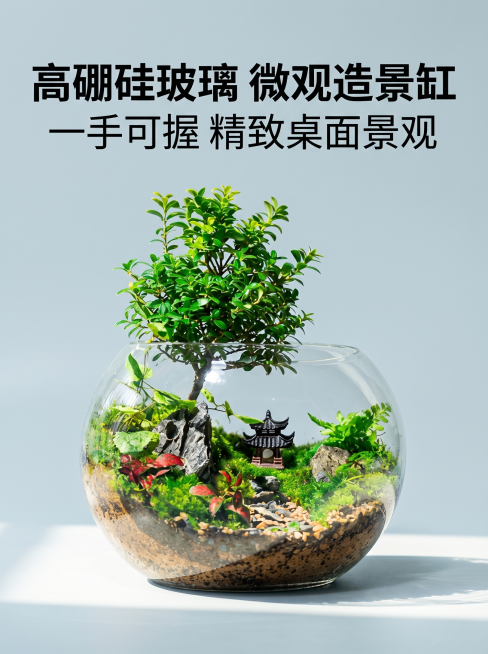 [主图 1] 高硼硅玻璃微观造景缸鱼缸产品首图。
[氛围风格] 高端大气自然氛围感，新中式意境风；
[画质] 商业摄影质感、光线柔和通透、产品清晰真实、画面干净高级。
[元素] 造景完成的圆形玻璃鱼缸预览效果