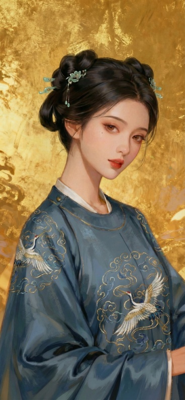 将发型更换为双丫髻搭配玉簪，服饰更换为绣有仙鹤的石青色交领女官服预览效果