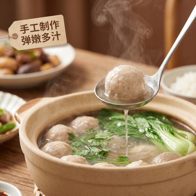 [主图 4] 西洋参猪肉丸食用场景展示，增强代入感。
[氛围风格] 温馨家常美食氛围，烟火气十足
[画质] 商业摄影质感、光线柔和通透、产品清晰真实、画面干净高级。
[元素] 中式家庭餐桌场景，砂锅中预览效果
