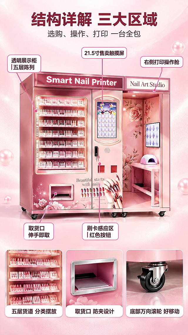 [商品] 使用【图1】全自动美甲机整机，三个区域必须同时完整可见、不得裁切、不得缺失任何一个：左侧粉色透明玻璃展示柜（柜内五层陈列粉色甲片与美甲耗材）；中部竖版 21.5 寸售卖触摸屏与其下方两个红色小按钮和刷卡感应区；右侧粉色开放式打印操作舱（舱顶横条发光字“Nail Art Studio”，舱内为花卉壁纸、坐凳、辉板与 15.6 寸美甲屏、UV/LED 光疗灯）；机身底部四个黑色小滚轮；顶部深粉色横条带白色发光字“Smart Nail Printer”；结构、配色、比例、部件位置与参考图完全一致。
[画面] 电商详情页，结构详解页。上方主标题“结构详解 三大区域”，其下副标题“选购、操作、打印 一台全包”。中部完整展示整机斜侧 15 度视图，机器左右两侧均留出充足背景空白，机器宽度完整入画（从左侧玻璃柜到右侧操作舱全部可见，机器右侧的操作舱与发光字必须清楚显现）。四周用玫红细引线拉出五个白色圆角标注卡，深玫黑粗体中文，文字必须逐字准确、无错字缺笔：“透明展示柜 五层陈列”、“取货口 伸手即取”、“21.5寸售卖触摸屏”、“刷卡感应区 红色按钮”、“右侧打印操作舱”；引线终点准确指向对应部件。下方为一行三格真实微距特写：第一格玻璃柜内五层货道与粉色甲片盒陈列微距；第二格取货口金属边框与挡板微距；第三格底部黑色万向滚轮微距；每格下方为白色圆角小标签，依次为“五层货道 分类摆放”、“取货口 防夹设计”、“底部万向滚轮 好移动”。
[视觉] 套系策略：风格=明亮粉调轻奢商业摄影；标题字=现代无衬线粗体；正文字=简洁无衬线体；主色=暖白 #FFF7F9；背景延展=暖白到浅粉渐变加细腻珠光质感；强调色=玫红 #E8467C 仅用于小面积引线、序号与标签描边；标题色=深玫黑；正文色=中灰棕；组件=白色圆角卡片配浅粉描边；光影=柔和棚拍光配自然接触阴影。
[文字] 标题不超过十字，副标题不超过十六字，标注卡为短句且逐字正确；所有文字仅横排，不得竖排、旋转、斜排；文字不遮挡机器部件与三个区域；画面底部不放任何文字条或小字；除机器自带的发光字标识外不出现其他英文。
[规格] 图片比例9:16竖版，2K高清，机器完整不裁切且右侧操作舱可见，引线与部件对应准确，文字无错字与乱码；负向：机器裁切，缺失操作舱，缺少右侧舱体，变形，错字，乱码，凭空增加的部件，黑色背景，深色背景，暗色调，水印，平台Logo，二维码，竖排文字，旋转文字，底部文字条，画面底部小字。