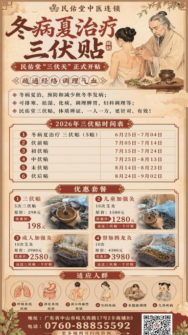 参考图1的整体版面设计、配色风格和所有文字内容完全不变，仅做两处修改：1. 将2026年三伏贴时间表中第一条名称由“冬病夏治三伏天（5贴）”修改为“冬病夏治疗 三伏贴（5贴）”；2. 更换优惠套餐区图预览效果