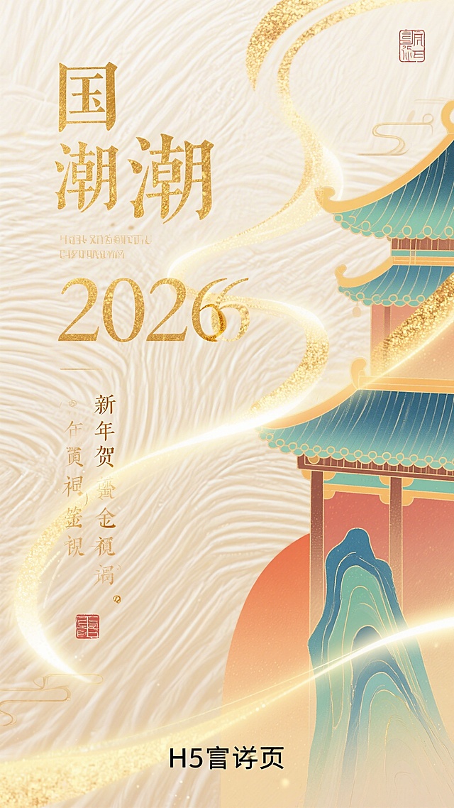 H5寄语页，背景为淡金色流光纹理，页面上有金句文字随流光动态浮现，文字为2026新年贺词金句，整体风格清新国风，雅致大气，光线柔和