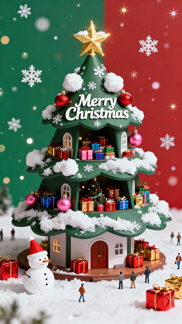 三层圣诞树造型的立体小屋，点缀白色雪团、红粉圣诞球，顶部金色星星，树身有 “Merry Christmas” 白色艺术字。每层内部都是丰富的圣诞礼物；树外左下角有白色小雪人（戴红帽），地面散落红金礼盒。背景是左右渐变的绿红双色，空中飘着白色雪花与光斑。