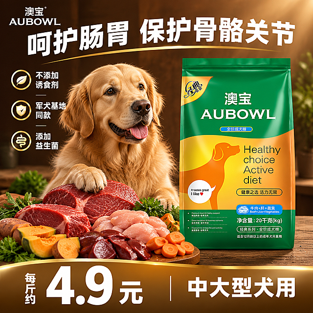 [单张主图] 澳宝AUBOWL经典系列全价成犬粮电商主图，爆款促销+高级质感路线，同时承担点击、理解、信任与转化，突出真材实料与高性价比，适合淘宝拼多多平台。

[画面主体] 画面右侧摆放澳宝狗粮包装袋，包装袋外观与输入产品图完全一致：绿色上半部分配金色渐变下半部分，正面印有"经典系列"金色角标、"澳宝 AUBOWL"白色大字、"全价成犬粮"蓝色标签、橙色金毛侧影图案、"Healthy choice Active diet"英文、"健康之选 活力无限"中文、"牛肉+肝+蔬菜"蓝色图标、"净含量:20千克(kg)"等文字信息，包装袋完整不裁切，占画面约40%-45%，立放在深棕色木纹台面上，底部有真实接触阴影。

[构图版式] 采用左文右物+前景食材堆叠的爆款促销版式。右侧为狗粮包装袋主体，左侧为金毛成犬情绪焦点+竖排卖点，前景铺满新鲜肉类食材形成食品氛围感，底部通栏价格条收口，顶部大标题横跨上部负空间。

[场景元素] 画面左侧一只可爱的金毛成犬，毛色金黄柔顺，表情温顺专注，前爪轻轻搭在一块大块鲜牛肉上，眼神看向画面右前方的狗粮袋，占画面左侧约35%区域；前景（画面底部靠前位置）错落摆放新鲜牛肉块、切开的鲜鸡肝、鲜鸡肉块，搭配胡萝卜片、红薯块、南瓜块作为点缀，食材表面带水珠和肌理纹理，真实诱人，形成食品氛围感；背景为深棕金色高级质感背景，深棕色主调搭配暖金色渐变光晕，隐约有木纹或皮革纹理质感，整体沉稳高级。

[文案版式] 顶部居中偏上位置放置大标题文字："呵护肠胃 保护骨骼关节"，白色粗黑体大字，字间距适中，醒目清晰；画面左侧金毛犬旁边竖排排列三行卖点文字（从上到下阅读）："不添加诱食剂"、"军犬基地同款"、"添加益生菌"，每行文字配一个金色小圆点图标，白色字体，竖排排版；底部通栏横幅（占画面底部约15%高度）用深金色渐变底色，左侧白色粗体大字"每斤约4.9元"，右侧白色文字"中大型犬用"，中间用细竖线分隔；左上角安全区放置"澳宝 AUBOWL"品牌Logo，与产品包装上一致。

[光影质感] 暖金色光影，主光从右上方斜射，在包装袋和食材表面形成柔和高光和真实投影，金毛犬毛发有清晰的光泽层次，食材表面有自然反光和水珠高光，商业摄影质感，高清8k级别细节，写实风格，景深适中，主体清晰背景微虚化，整体温暖高级有食欲。

[配色字体] 主背景色为深棕色+暖金色渐变，辅助色为产品包装绿色和橙色，强调色为暖金色和白色；标题使用粗黑体厚重有力，卖点文字使用中等粗细黑体，价格数字最大最醒目，字体统一为无衬线黑体家族，字号层级分明。

[比例分辨率] 1:1正方形，2048x2048，2K分辨率，文字清晰可辨，产品细节丰富。

[负向提示词] 包装袋变形、文字错字模糊、Logo变形、金毛犬畸形或表情怪异、食材不真实、背景杂乱、水印、平台Logo、多余人物、悬浮感、穿模、低清晰度、色彩偏差、产品外观与参考图不一致
