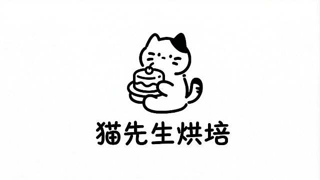 将图中猫怀里的面包改成简笔画风格的蛋糕，保持整体线条简约、黑白配色，其余元素和文字不变