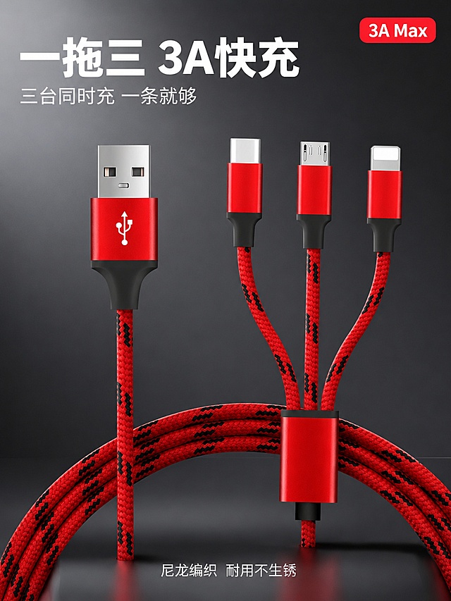 [主图-1] 一拖三红色编织数据线首图，商品识别与核心利益展示。
[氛围风格] 冷灰科技感电商主图，专业品质感，简洁大气。
[画质] 商业摄影质感、光线柔和通透、产品清晰真实、画面干净高级、超高清细节。
[元素] 画面中央展示完整的一拖三红色尼龙编织数据线，USB-A输入端在左，分线器在下方，三个输出端（Type-C、Micro-USB、Lightning）在右侧呈扇形展开，红色编织线身带有黑色花纹，铝合金接头为红色金属质感，接头根部有黑色应力释放保护套。产品下方有柔和接触阴影，悬浮于深灰色渐变背景之上。背景为深灰到浅灰的径向渐变，左上角有微弱光晕。保持产品外观（即物理结构、材质质感、颜色、接头形状、编织纹理）与输入产品图一致，杜绝任何变形和色差，精细化处理。商品主体占比约70%，画面满屏无边框。
[光影] 左上方45°主光，柔和均匀打亮产品正面，金属接头有清晰高光反射，编织线身有细腻纹理明暗；右侧辅光提亮暗部，底部有微弱反光板效果；光比适中，高级感强，无廉价HDR。
[配色] 主色深灰渐变背景；辅色产品正红（编织线与铝合金接头）；强调色银白（USB金属触点、高光）。
[视角构图] 平视微俯视角度，产品居中对称构图，景深较浅背景虚化，突出产品主体，轮廓完整不裁切。
[文字版式] 左上角安全区左对齐，主标题大字"一拖三 3A快充"，白色粗体无衬线最大号；副标题"三台同时充 一条就够"，白色约半高细体。右上角红色圆角小标签"3A Max"，白字。底部居中"尼龙编织 耐用不生锈"，白色小字。所有文字放在负空间，不遮挡产品主体。
[输出要求] 3:4比例，文字清晰锐利，超高清商业摄影质感。
[负向提示词] 变形，文字错乱，产品图模糊，背景杂乱，水印，电商平台Logo，多余的手，多余的手指，畸形手，融合手指，手部扭曲，肢体穿模，人物面部扭曲，关节反折。