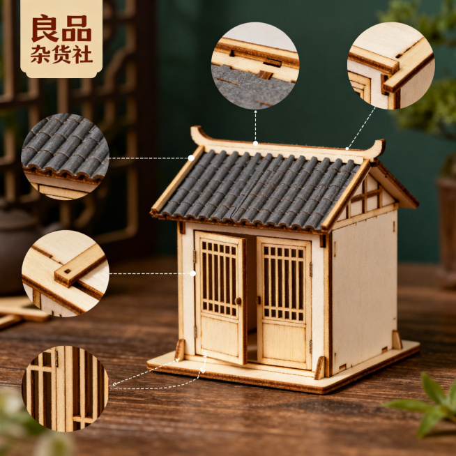 淘宝详情图，古风DIY小屋，展示小屋的安装步骤2：屋顶与门窗安装，清晰展示安装细节，左上角标注“良品杂货社”预览效果
