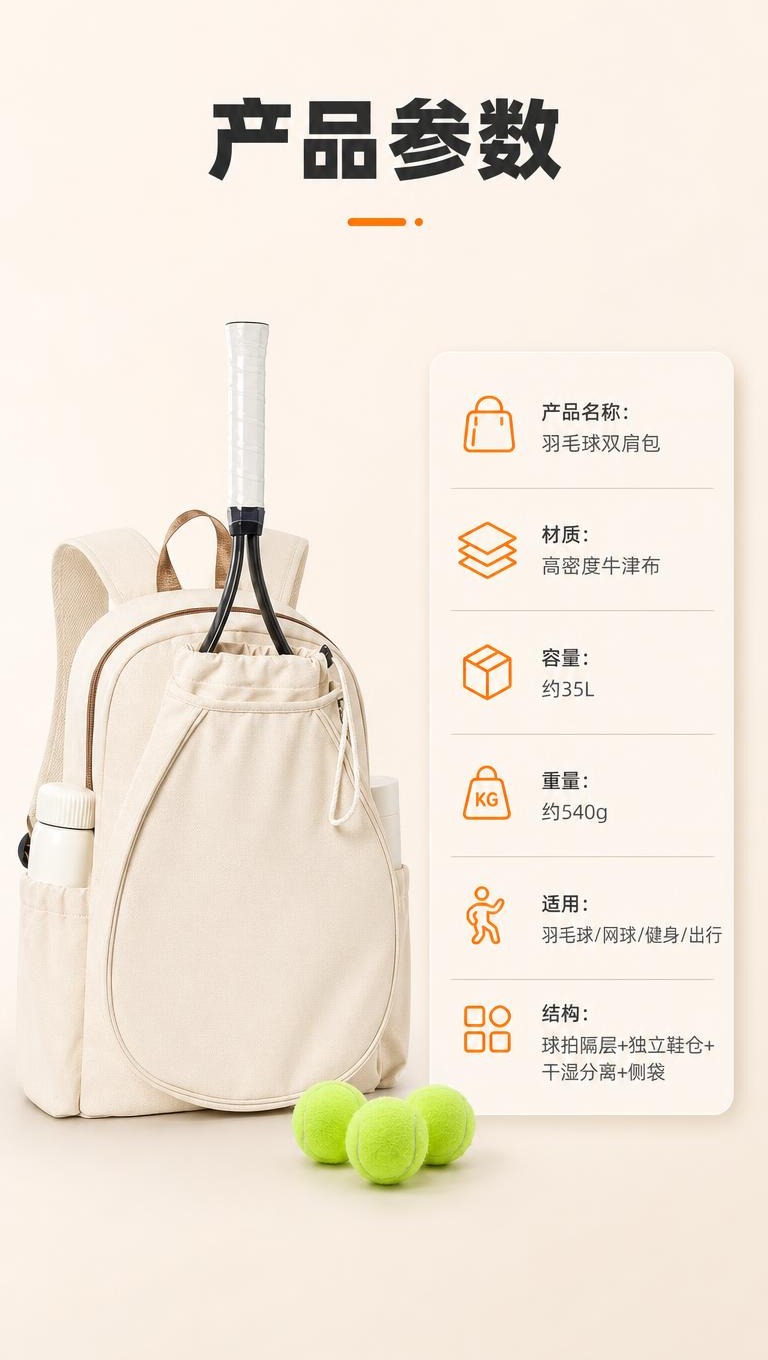 [商品] 使用【图1】米白色羽毛球双肩包；保留整体结构、颜色、… - 图片创意预览