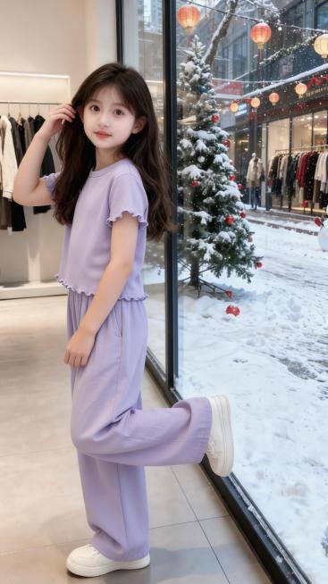 把图1的短袖和宽松阔腿裤给图的2的人物穿上，保留原场景光影，保持图2的人物的五官和发型不变，图片宽高尺寸不变，背景不变，鞋子变为白色运动鞋，人物姿势不变，保持图1的短袖和裤子的款式材质不变和颜色不变预览效果