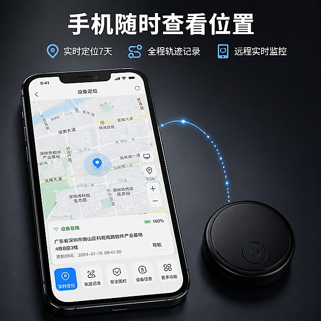 [主图-4] APP实操演示图-强磁GPS防盗追踪器。
[氛围风格] 科技实用感、APP界面真实操作展示、手机与产品同框。
[画质] 商业摄影质感、光线柔和均匀、手机屏幕清晰、产品清晰真实、画面干净高级。
[元素] 画面采用左右分屏或斜角同框构图：左侧约60%区域为一部智能手机（黑色全面屏手机，正面朝向观众，屏幕亮起），手机屏幕显示GPS定位APP的地图界面——地图上有清晰的定位标记点（蓝色圆点），显示实时位置，界面上有"实时定位""轨迹记录"等功能按钮，地图细节真实（道路、地标等），屏幕亮度适中，反光自然。右侧约40%区域为产品实拍：一枚圆形黑色强磁GPS防盗追踪器（小圆饼造型）放置在深色哑光桌面上，与手机形成呼应关系。手机与产品之间有一条淡蓝色半透明弧线连接，象征数据同步与远程连接。背景为深灰渐变（#1A1A1A-#333333），简洁科技感。产品与手机下方有柔和接触阴影，无悬浮感。画面满屏无边框。
[光影] 顶部柔光均匀布光，冷白色调，手机屏幕有自然的环境光反射但不影响内容阅读；产品表面有细腻高光；背景暗部有层次，光比舒适。
[配色] 主色深灰渐变（#1A1A1A-#333333）；辅色白色（文字）、浅蓝（#409EFF）界面点缀、产品黑色、手机黑色。
[视角构图] 微俯视角度，手机屏幕与产品平面均朝向观众，透视合理；视觉重心在手机屏幕，产品作为实物佐证。
[文字版式] 画面顶部居中主标题（思源黑体粗体，白色大号字）："手机随时查看位置"。下方三条卖点文案（思源黑体常规，白色中号字），横向排列于画面中上部，每条配一个浅蓝（#409EFF）小图标：第一条"实时定位7天"配定位图标，第二条"全程轨迹记录"配轨迹线条图标，第三条"远程实时监控"配手机监控图标。三条卖点等距排列，清晰易读。底部安全区留白。
[输出要求] 1:1比例，800×800px，72dpi，RGB模式。文字清晰锐利可辨，超高清商业摄影质感。
[负向提示词] 变形，文字错乱，产品模糊，背景杂乱，水印，电商平台Logo，手机界面内容不可辨，屏幕过曝，透视错误。