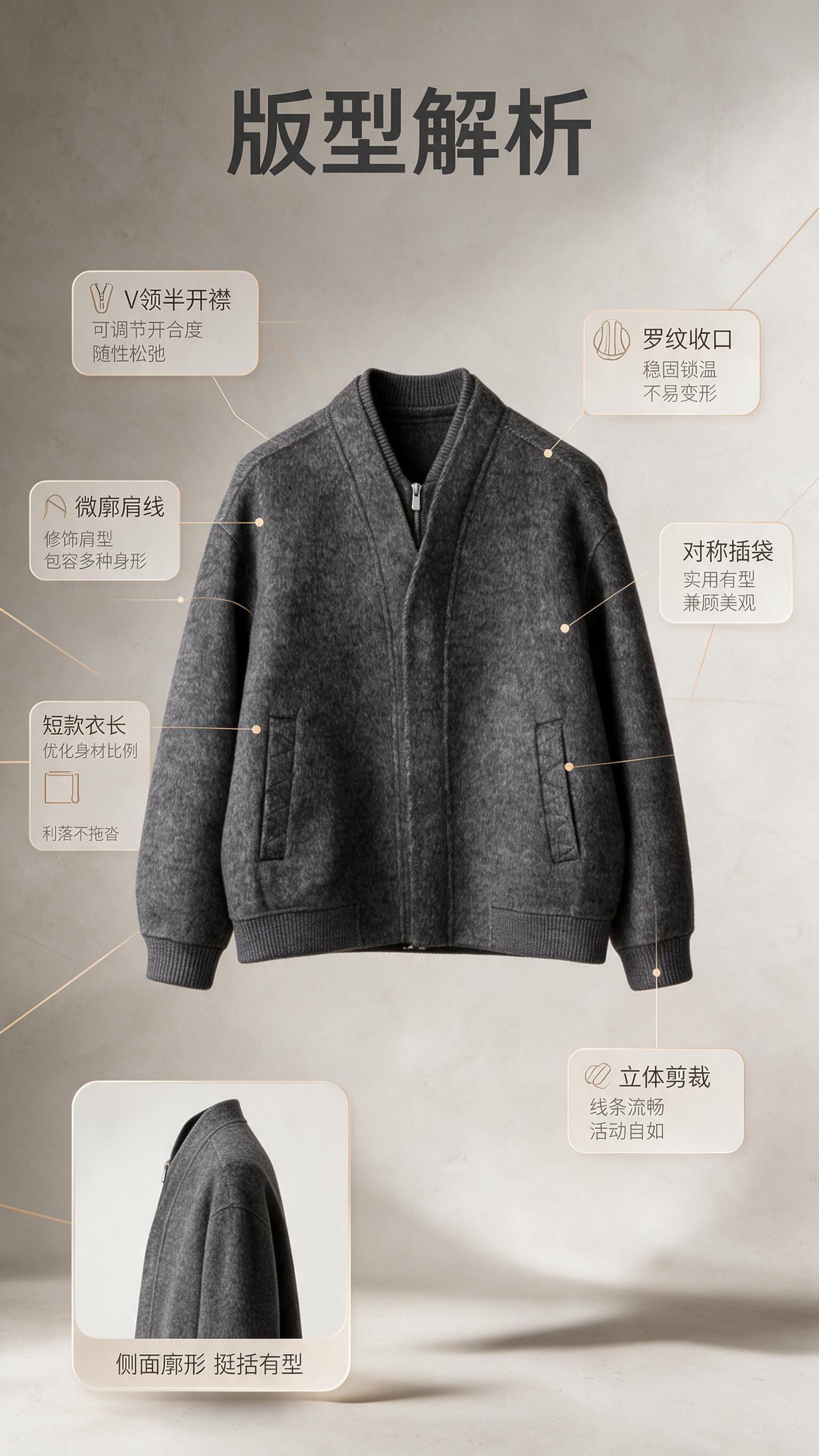 [商品] 使用【图1】深灰色羊毛混纺V领拉链夹克；商品处理：保… - 图片创意预览