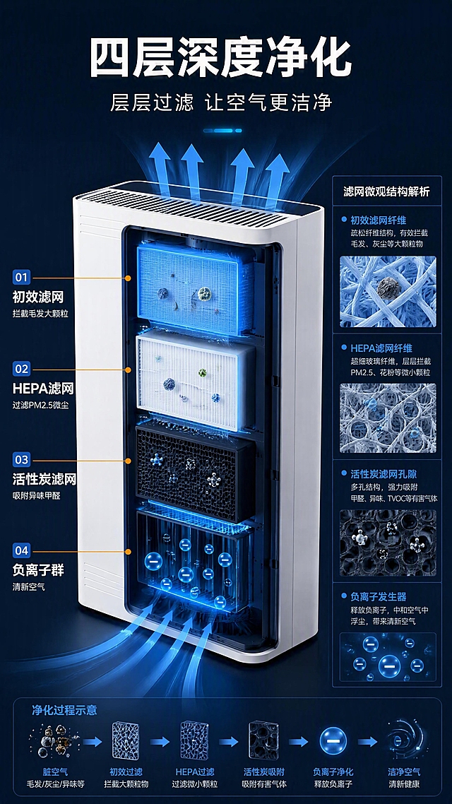 [第4张] 详情页核心技术原理-多层滤网净化系统剖面。本张使用【图1】作为商品主体，做剖面结构展示。
[氛围/风格] 科技专业风，深蓝+白色配色，工业设计质感，结构清晰专业。
[元素布局] 空气净化器做纵向半剖切面展示，保持外部白色方正外壳、顶部出风口与输入图一致；内部从前往后依次展示四层滤网结构：初效滤网、HEPA滤网、活性炭滤网、负离子发生器；每层用不同颜色区分，有箭头指示空气流动方向（从底部进风→经过滤网→顶部出风）；右侧有放大的滤网纤维微观示意图。
[光影质感] 冷色调科技光，剖面边缘有蓝色发光线条勾勒，内部结构层次分明，有轻微体积光效果。
[配色色系] 全局底色 #1A2B3C（深蓝科技底）；主色白色产品+蓝色光效；辅助色橙色标注线、浅灰说明文字。
[视角构图] 正面45°斜视，剖面朝向观众，阅读动线从左产品剖面→右结构说明。
[文字版式] 顶部主标题「四层深度净化」，副标题「层层过滤 让空气更洁净」；左侧剖面上每层滤网用引线标注名称和功能：「初效滤网 拦截毛发大颗粒」「HEPA滤网 过滤PM2.5微尘」「活性炭滤网 吸附异味甲醛」「负离子群 清新空气」；右侧配微观滤网纤维示意图+文字说明；文字用白色和浅蓝色，清晰可读。
[比例分辨率] 9:16 竖版比例，4K 分辨率，文字清晰可辨，高清画质。
[负向提示词] 产品外形变形，结构错误，缺件错件，水印，文字错乱，文字过小，颜色偏差。
