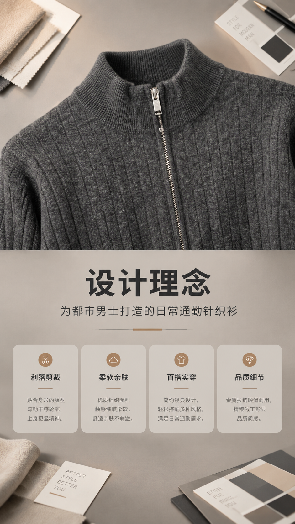 [商品] 使用【图1】深灰色男士半高领拉链针织开衫；商品处理：… - 图片创意预览