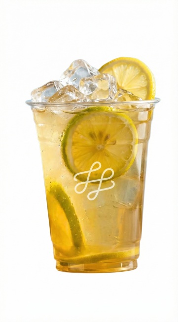 将产品进行商业级精修，杯盖替换成冰块并添加柠檬片点缀，其他保持不变，去除瑕疵，划痕，光影立体感强烈，材质明暗关系强烈，提升整体质感和高级感，整体亮度提高。预览效果